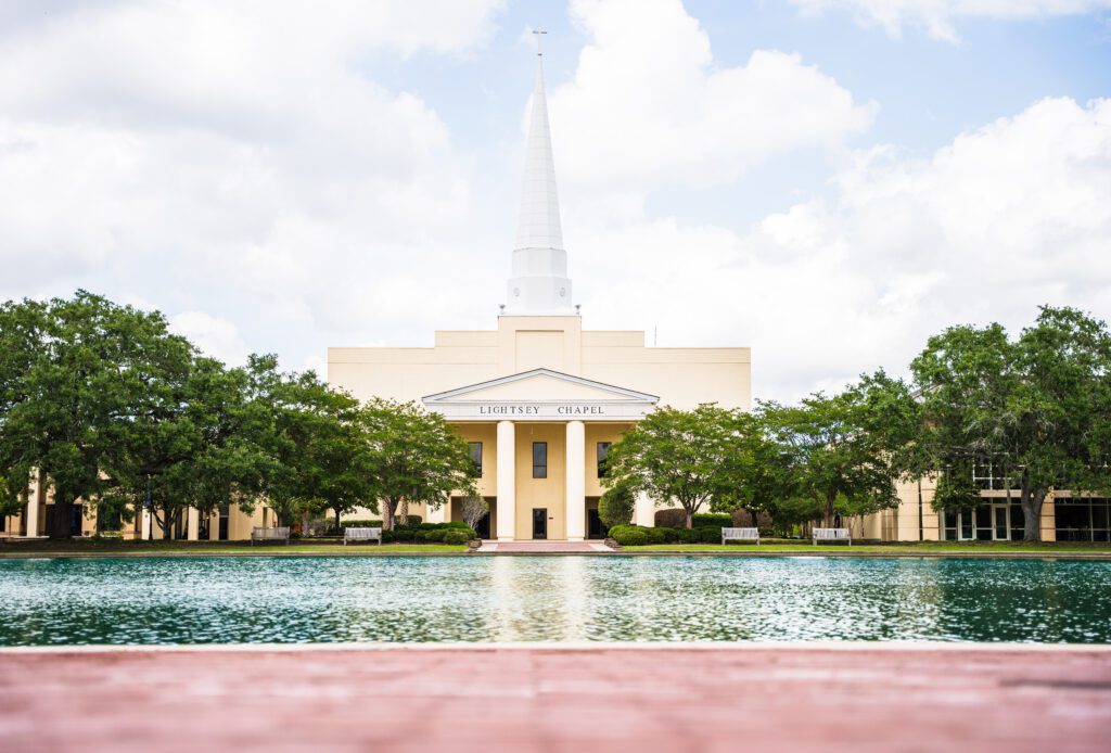 The point, trees, and chapel is shown