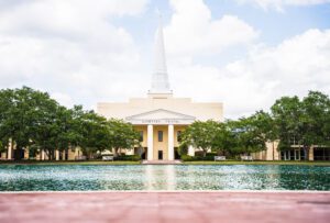The point, trees, and chapel is shown