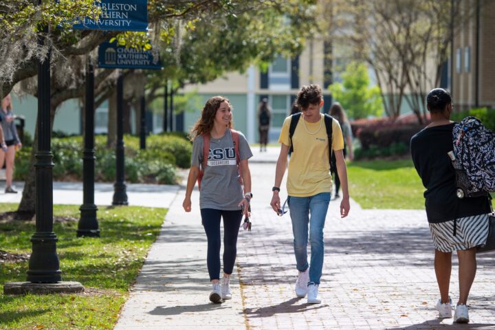 Students walking around the Charleston Southern University campus