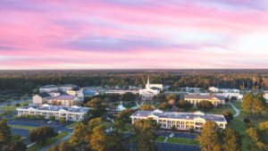 A view of the whole campus with a beautiful sunset