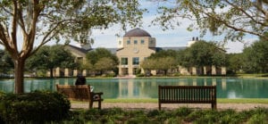 A view of the Science Building at CSU from across the reflection pond.