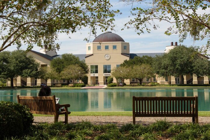 A view of the Science Building at CSU from across the reflection pond.