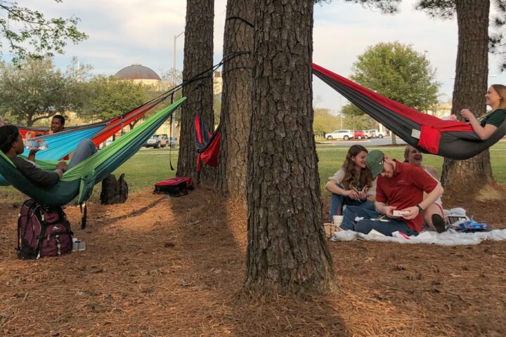 Students hanging in their Eno hammocks in a wooded section of campus.