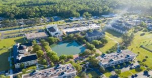 A birds eye view of the center of Charleston Southern's campus in the morning.
