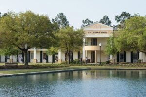 Jones Hall resting across the reflection pond