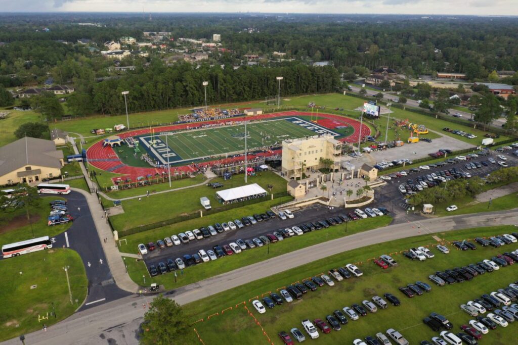 A birds eye view of Whitfield Stadium Center and Buccaneer Field