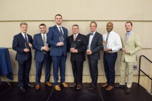 2019 Alumni award winners: Colonel Greg Woodbury, Keith Faulkner, Adam Kirtley, Frankie Melton, Julian Smith, Andy Casson, Lecius Moore
