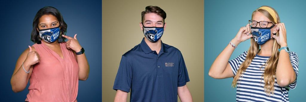 Three students wearing a CSU Bucky mask.