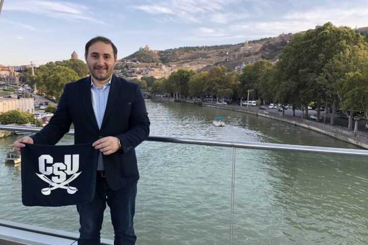David Gamkredlize ’08 shows his CSU pride in the Georgian capital of Tbilisi.
