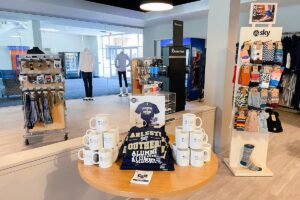 Items for sale inside the bookstore.