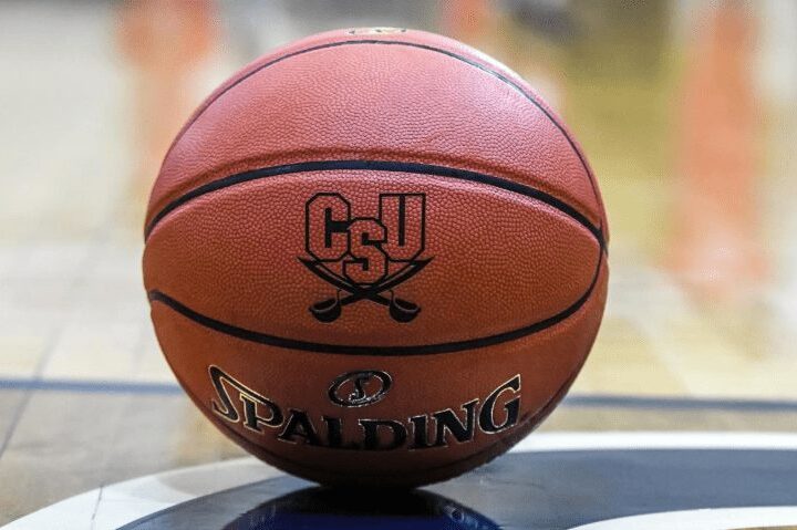 A CSU branded basketball on the basketball court