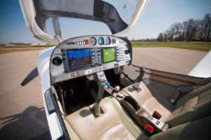 The cockpit of a small plane.