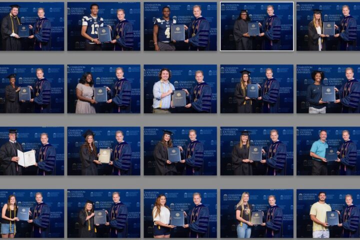 Charleston Southern students picked up their diplomas on campus and grabbed a photo with President Costin